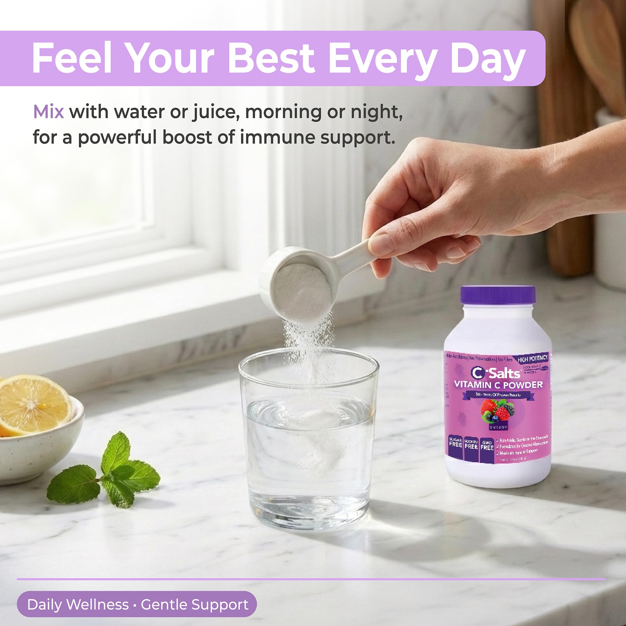 C-Salts dissolves instantly and clump-free in juice or tea.
