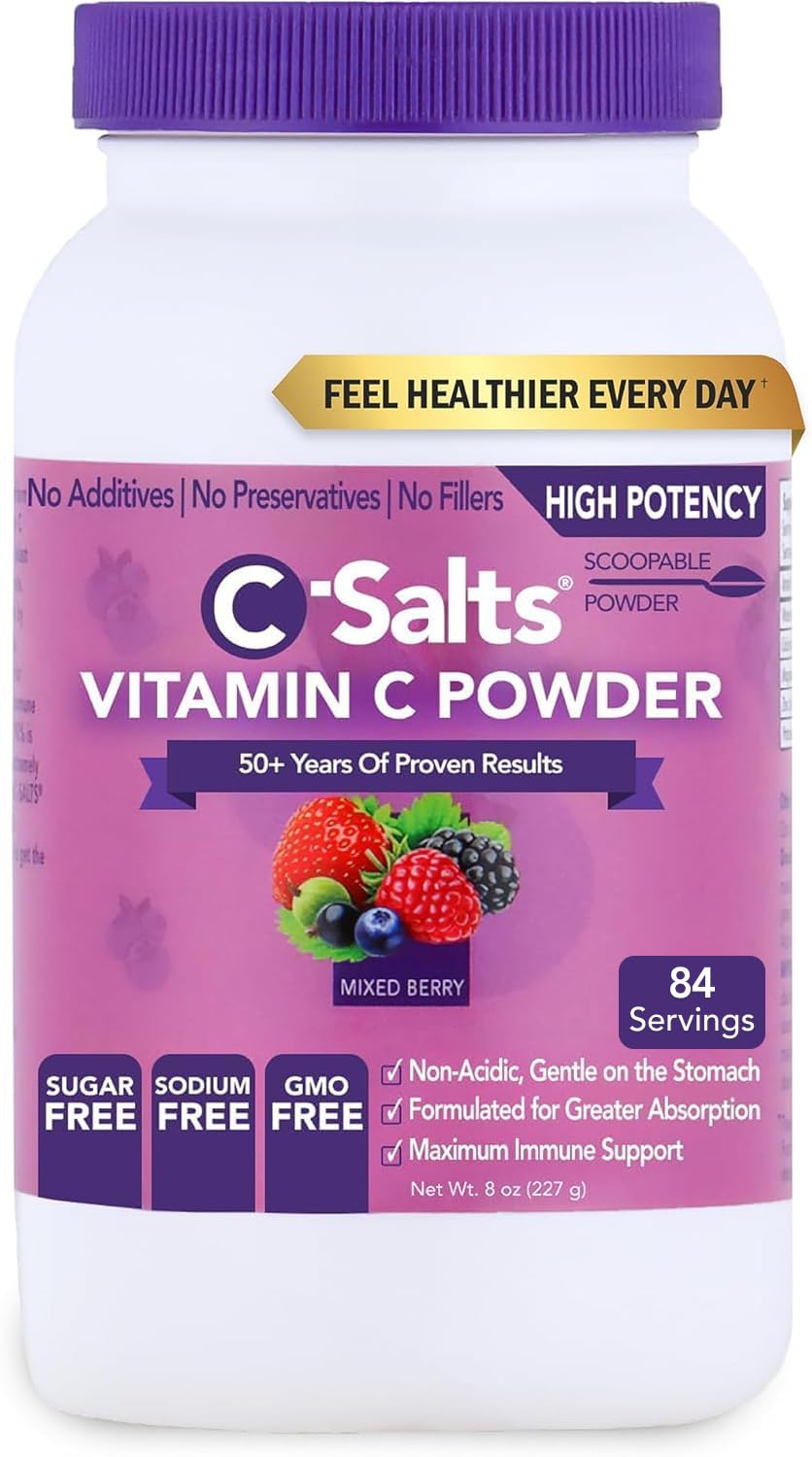 C-Salts vitamin C powder bottle pour for easy daily immune support.