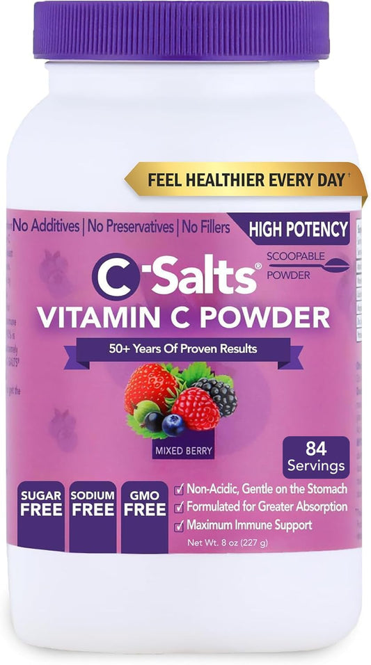 C-Salts vitamin C powder bottle pour for easy daily immune support.