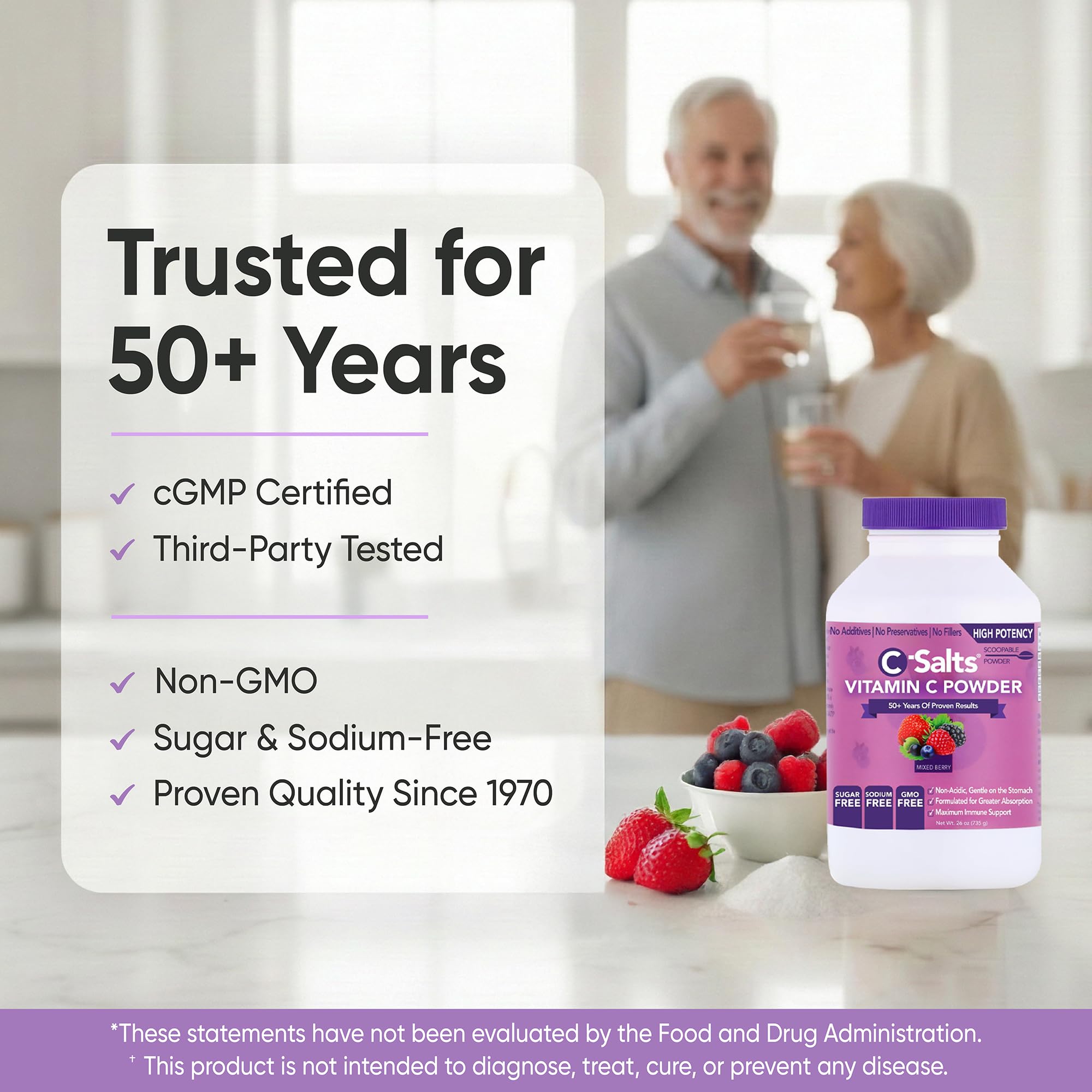 C-Salts label displays storage tips and cGMP quality standards.
