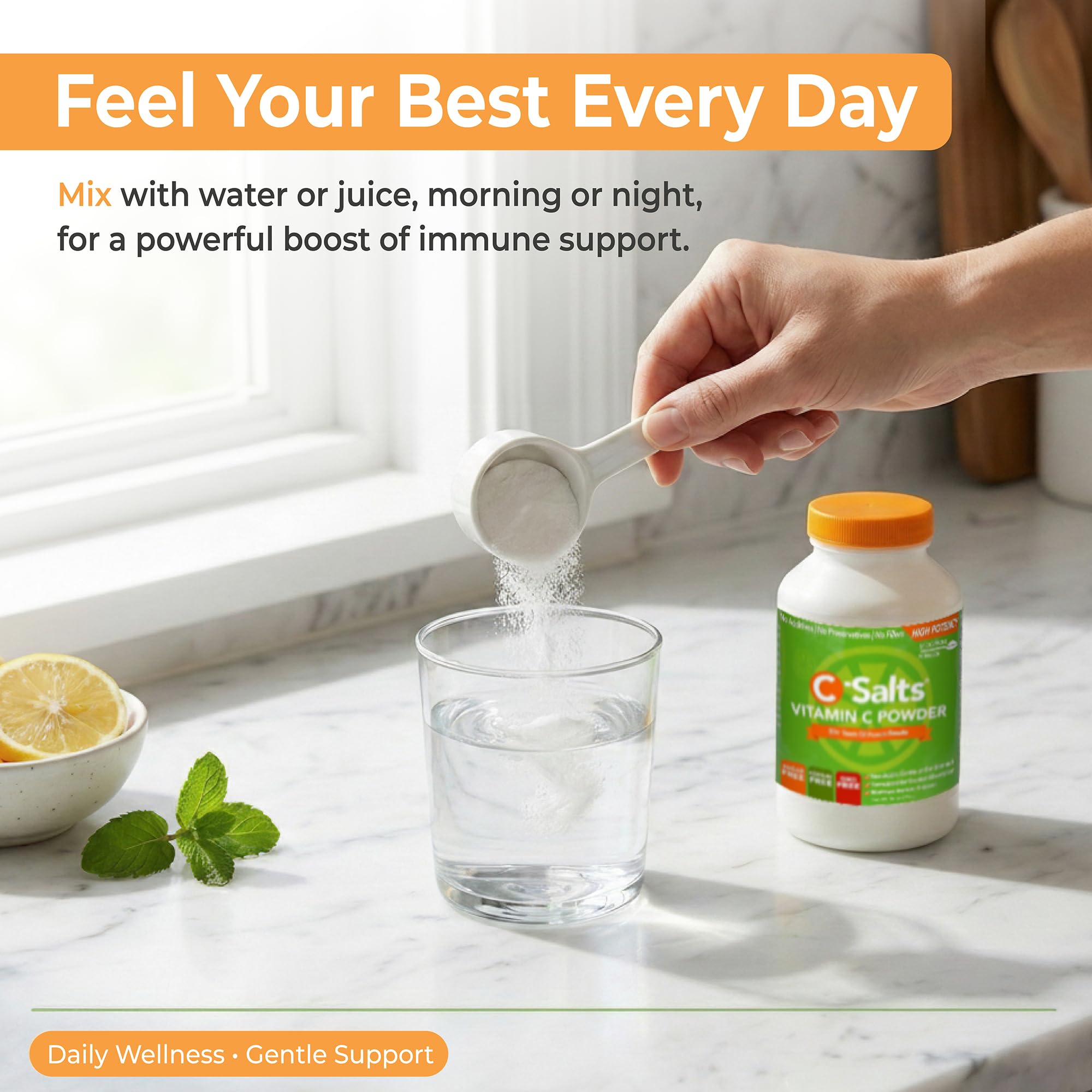 Glass of orange juice with C-Salts powder for easy daily use.
