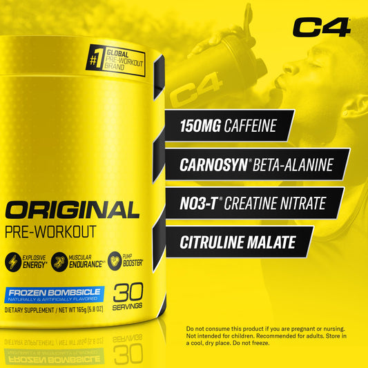 C4 Frozen Bombsicle flavor label on bottle; refreshing taste during sessions.