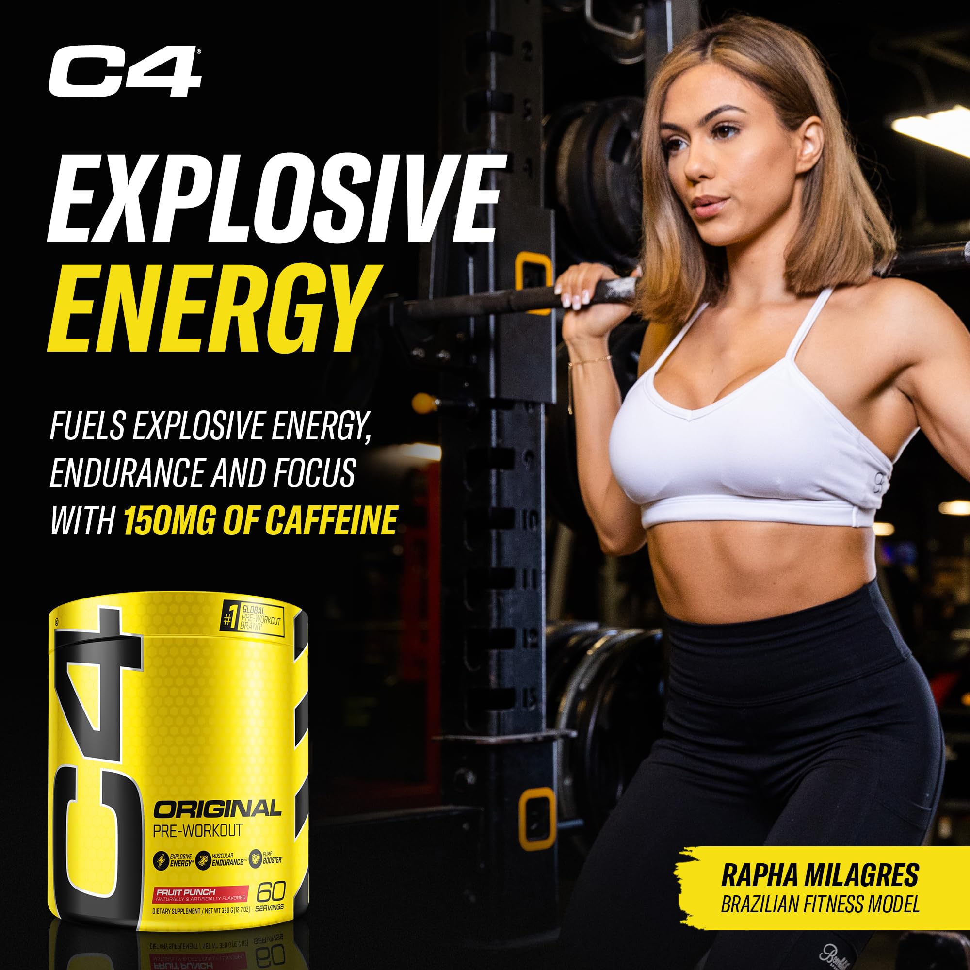Close-up of C4 Original Fruit Punch label highlighting 150 mg caffeine and beta-alanine.