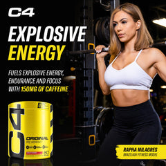 Close-up of C4 Original Fruit Punch label highlighting 150 mg caffeine and beta-alanine.