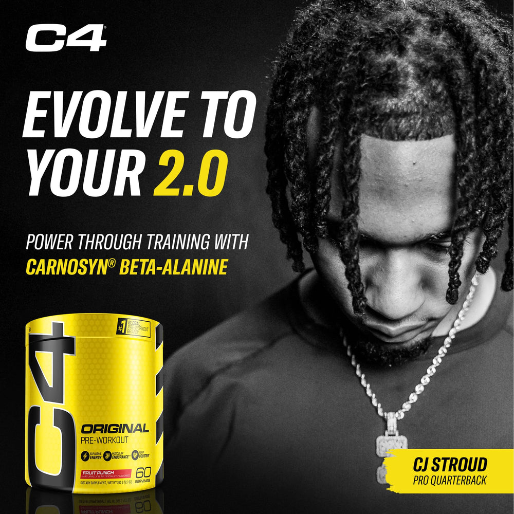 C4 Original Fruit Punch bottle on a gym shelf signaling energizing caffeine for workouts.