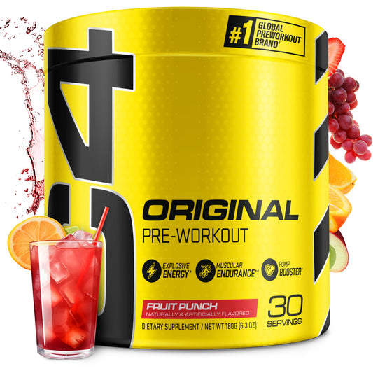 C4 Original Fruit Punch tub showing the powdery pre-workout formula for energy and focus