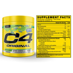 C4 Original Green Apple packaging displayed with scoop for pre-workout prep
