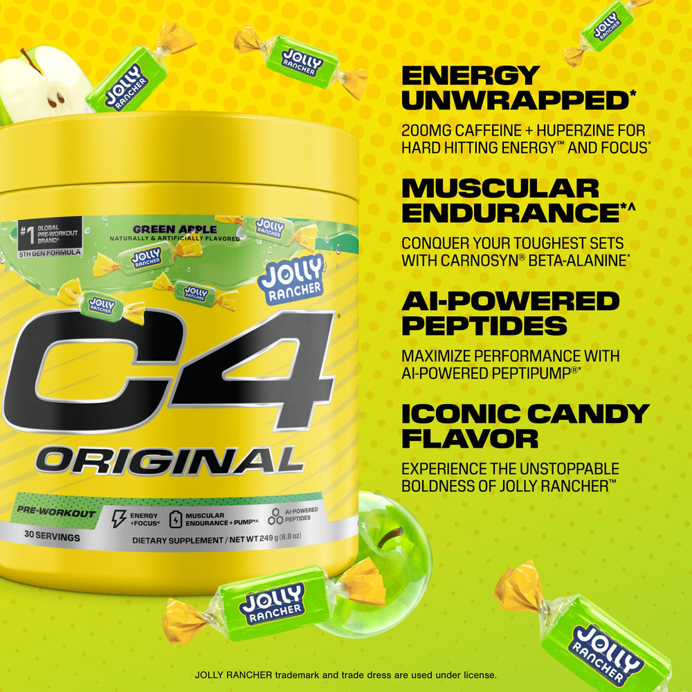 Scoop of C4 Original Green Apple powder ready to mix for workouts