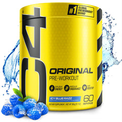 C4 Original Icy Blue Raz bottle close-up highlighting an energy-boosting pre-workout appeal.