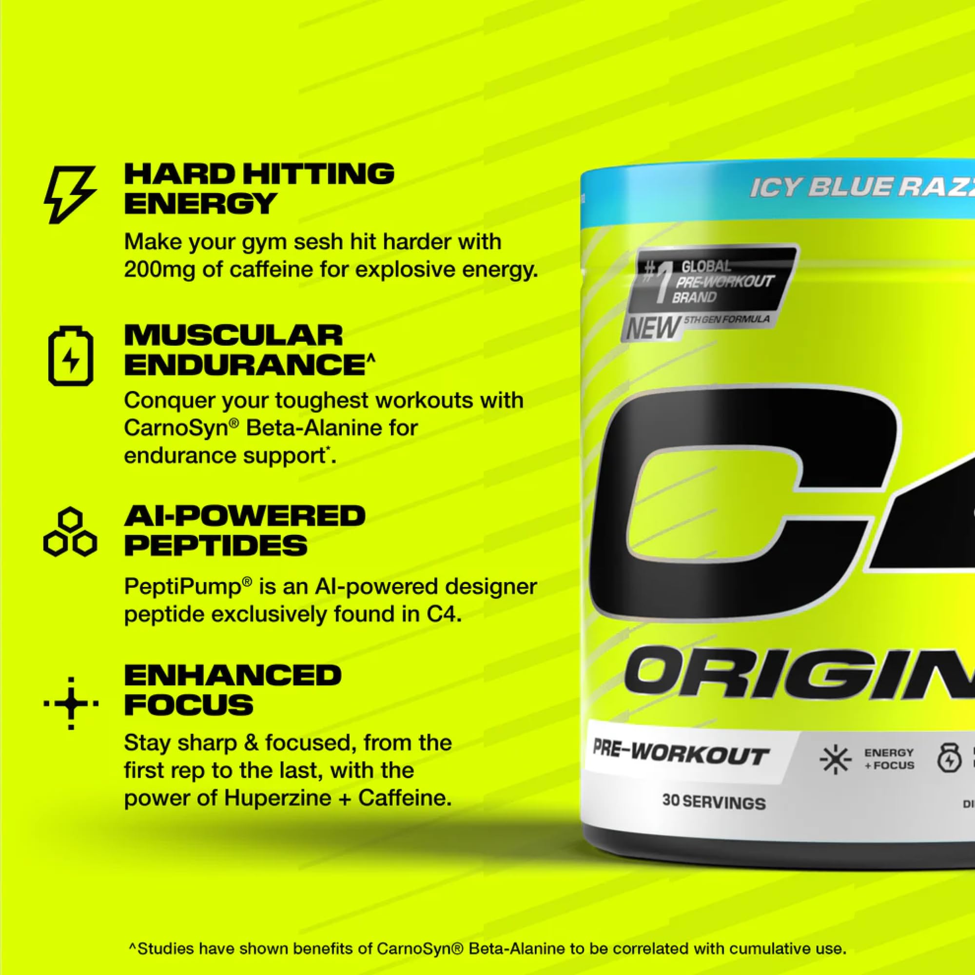 C4 Original ICY Blue Razz closeup-label showcases caffeine and amino blend