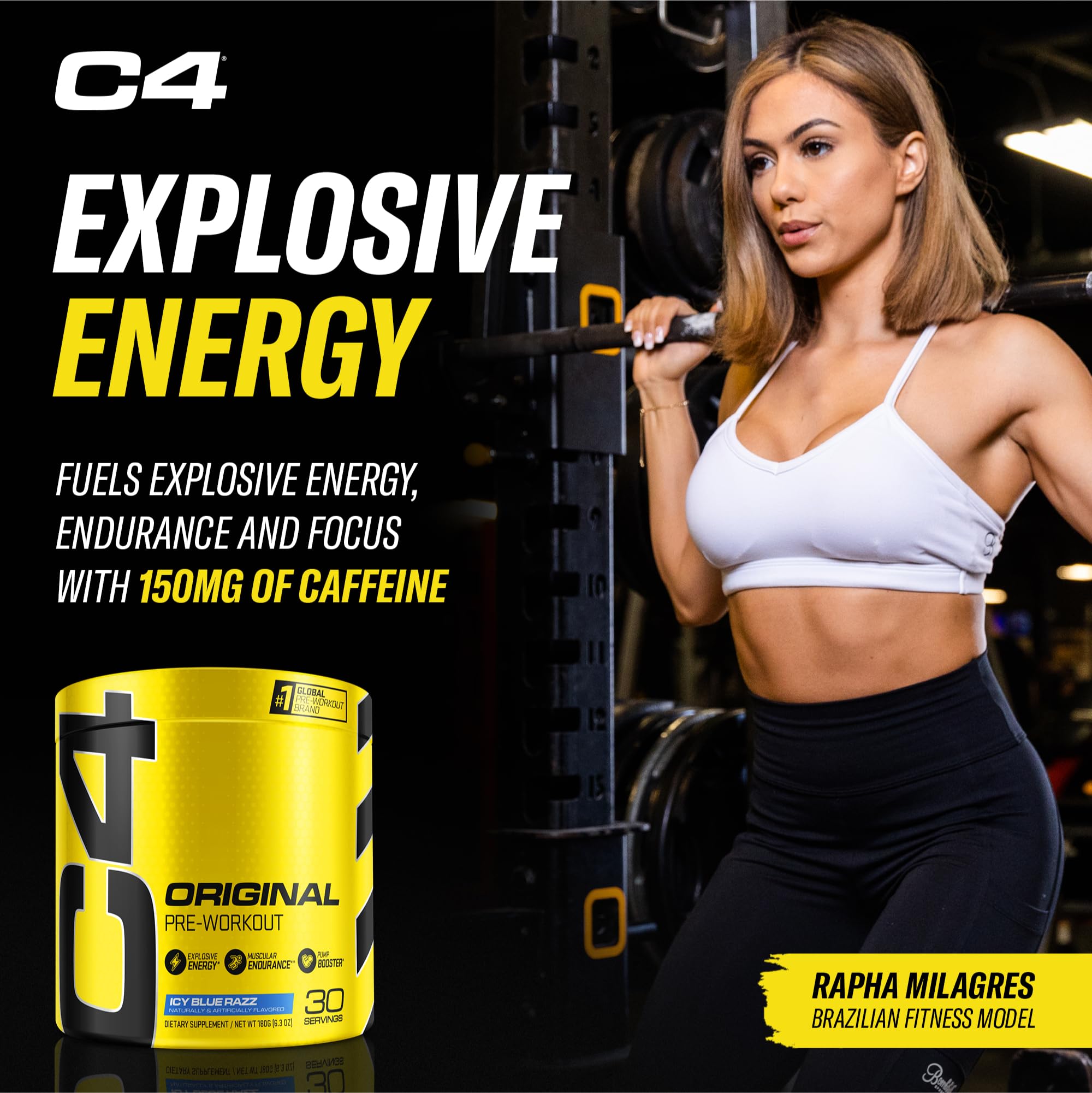 C4 Original Icy Blue Razz glass with ice illustrates a refreshing pre-workout drink.