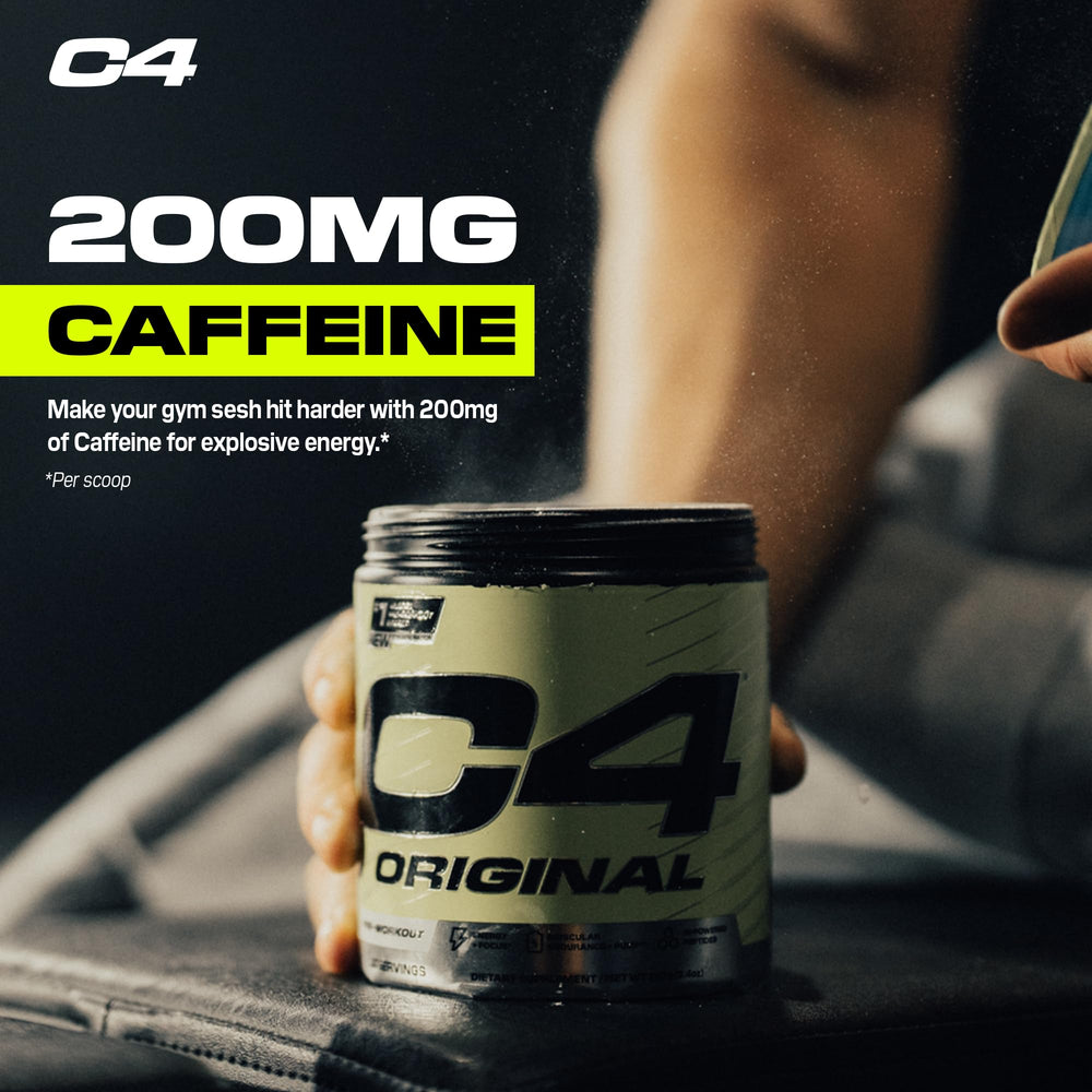 C4 Original ICY Blue Razz kitchen-counter scene evokes home workout prep