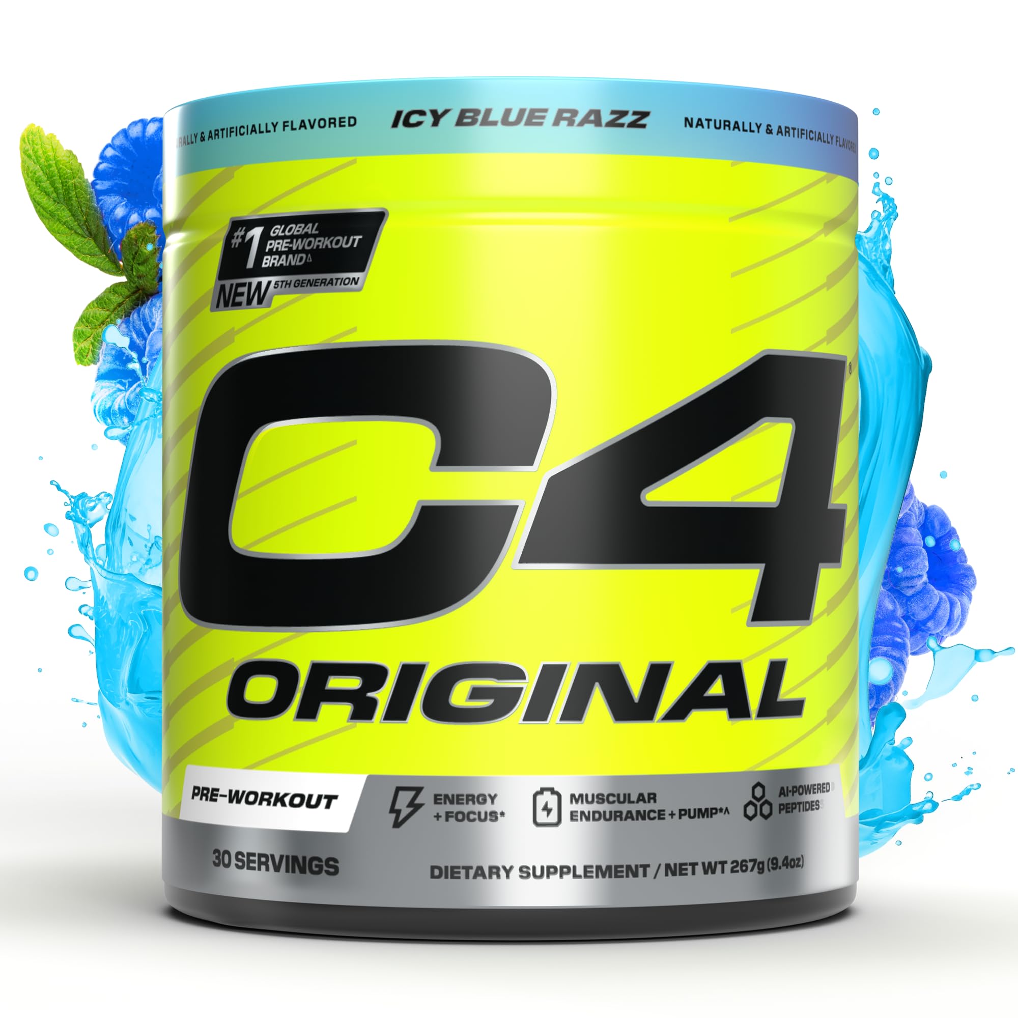 C4 Original ICY Blue Razz tub front with energizing pre-workout formula visible