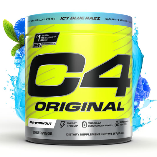 C4 Original ICY Blue Razz tub front with energizing pre-workout formula visible