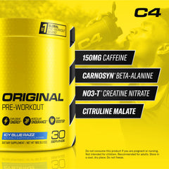 C4 Original Icy Blue Razz tub label highlights a sugar-free energy formula for workouts.