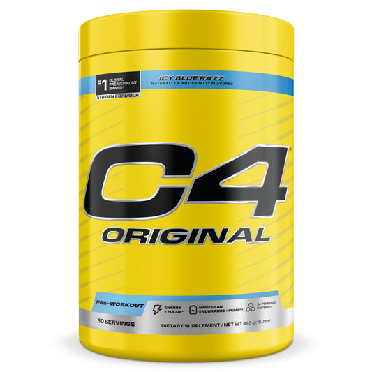 C4 Original icy blue razz pre-workout bottle delivers energy for intense sessions.