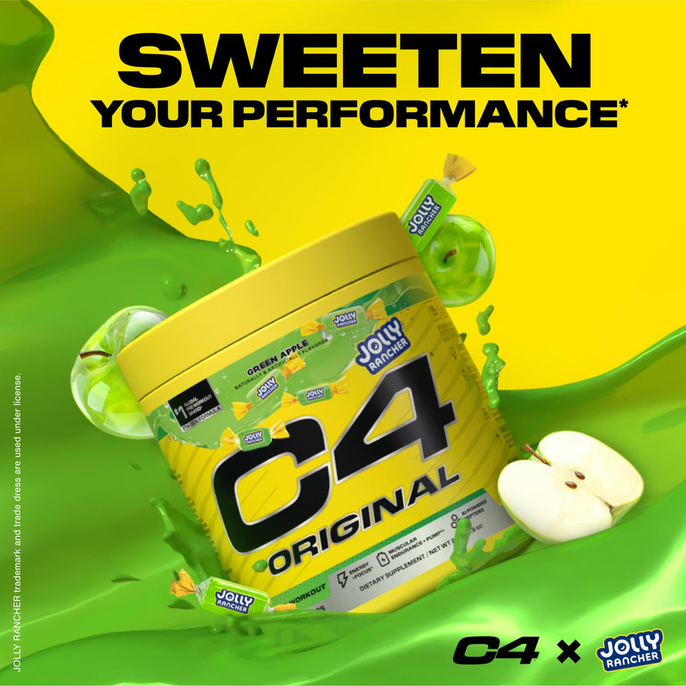 Close-up of C4 Original Green Apple powder showing vibrant formula color.