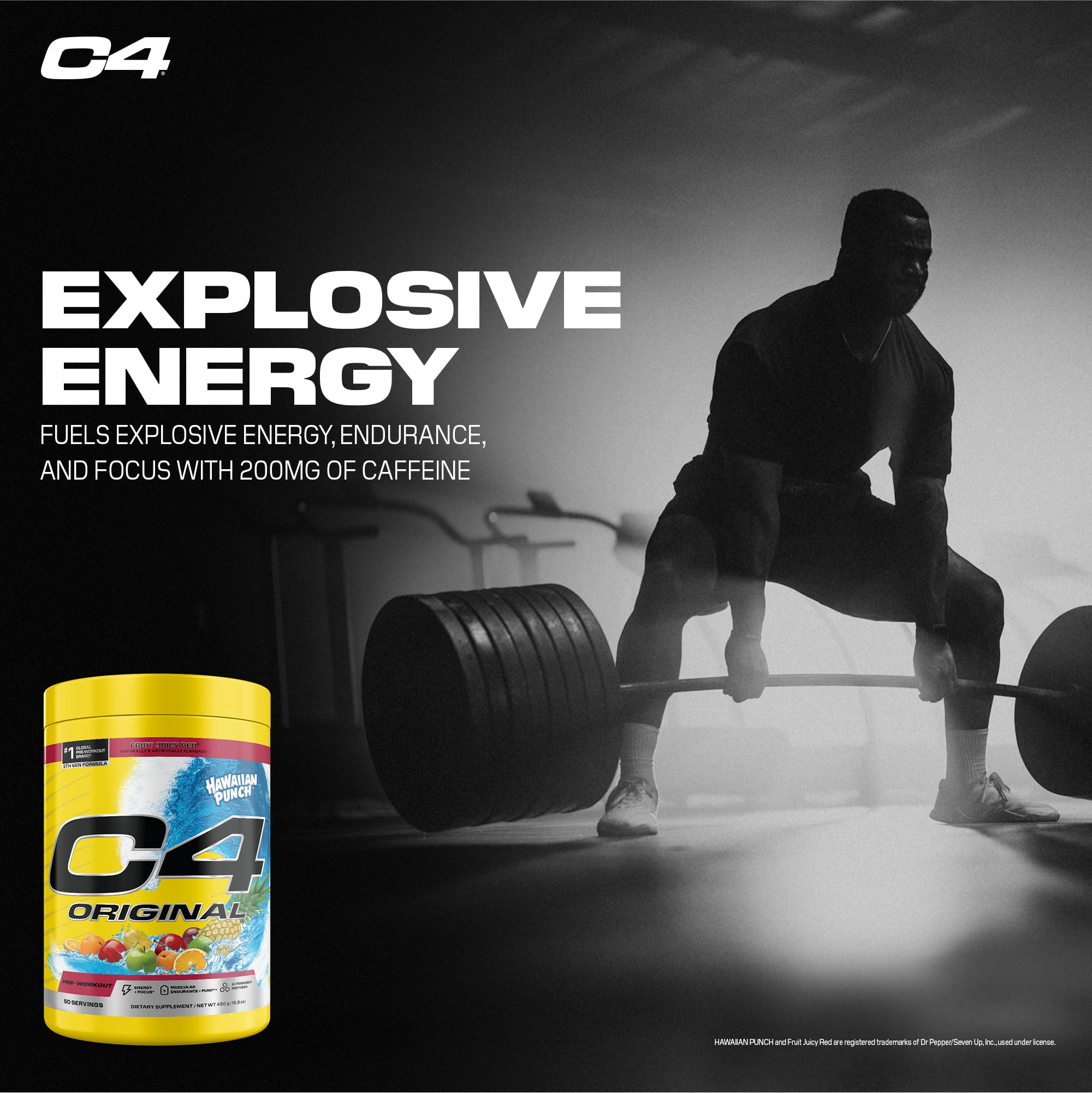 Close-up of C4 Original label highlighting caffeine and ingredients for focus