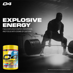 Close-up of C4 Original label highlighting caffeine and ingredients for focus