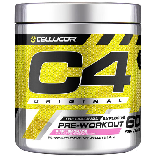 C4 Original Pink Lemonade pre-workout tub front view highlighting powder formula for energy and focus.