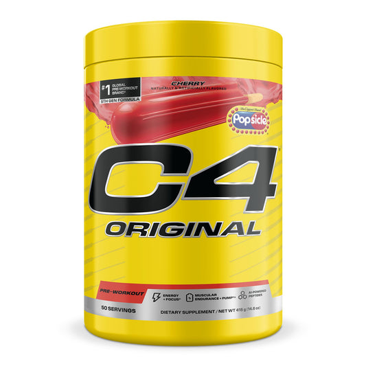 C4 Original Popsicle Cherry pre-workout bottle close-up highlighting energy and focus