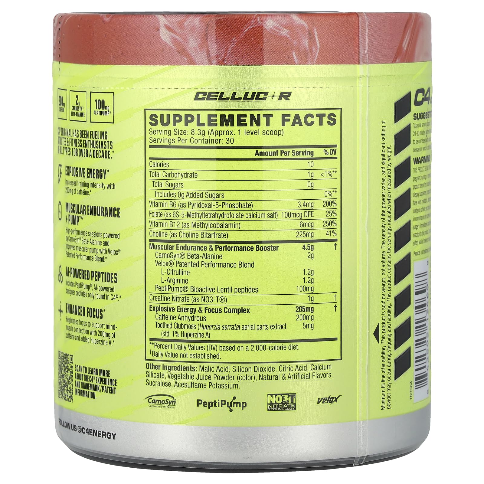 C4 Original Popsicle Cherry scoop highlighting 200 mg caffeine for sustained workouts.