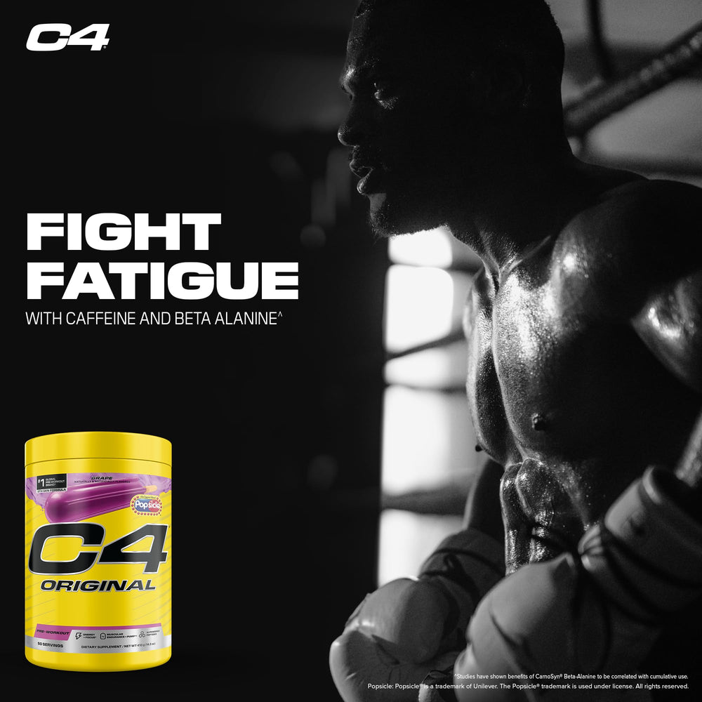 C4 Original Popsicle Grape can closeup emphasizes sugar-free formula.