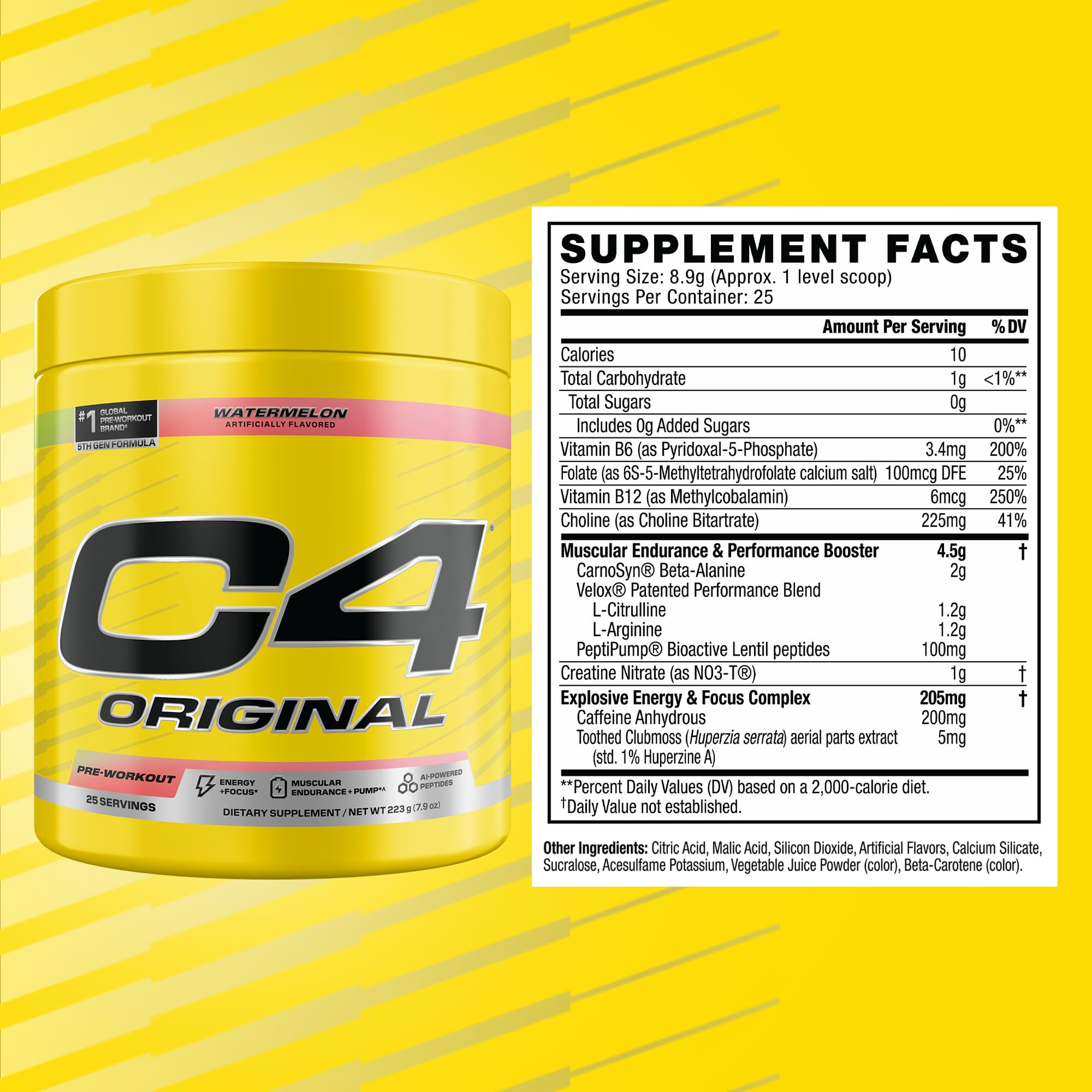 C4 Original bottle label shot highlights premium formula and sugar-free claim.