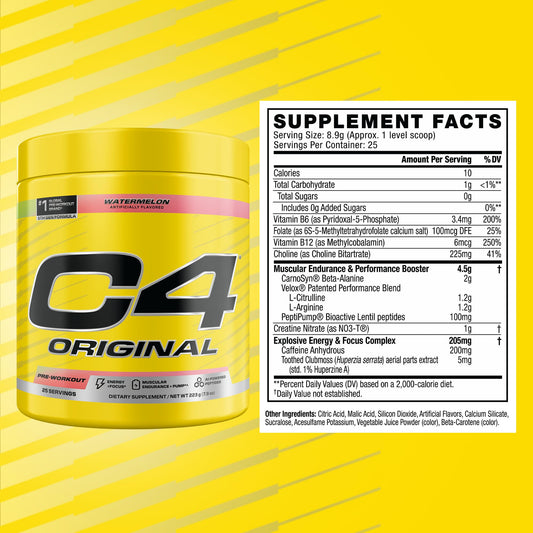 C4 Original bottle label shot highlights premium formula and sugar-free claim.