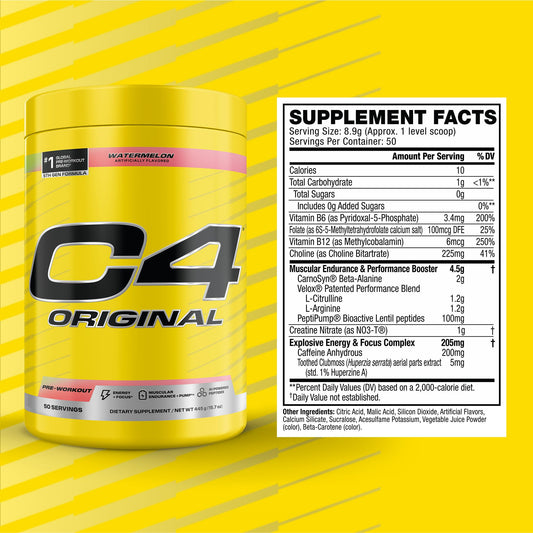 Pouring C4 Original Pre Workout into a shaker for endurance support.