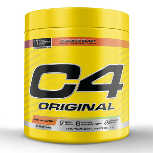 C4 Original bottle showing caffeine for quick workout energy.