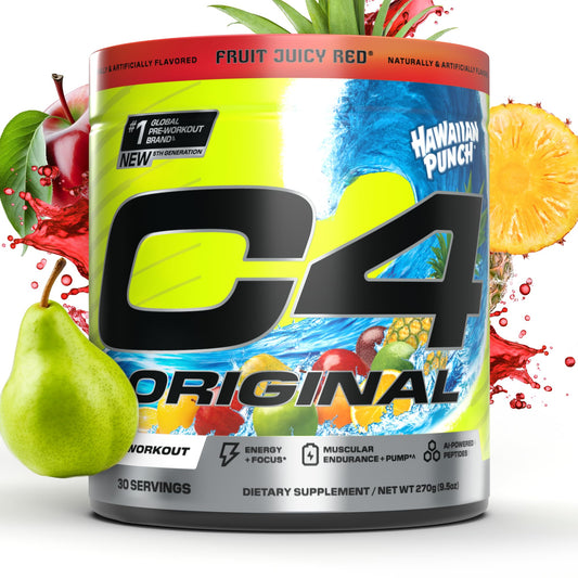 C4 Original Hawaiian Punch tub shows the energy-boosting pre-workout for workouts