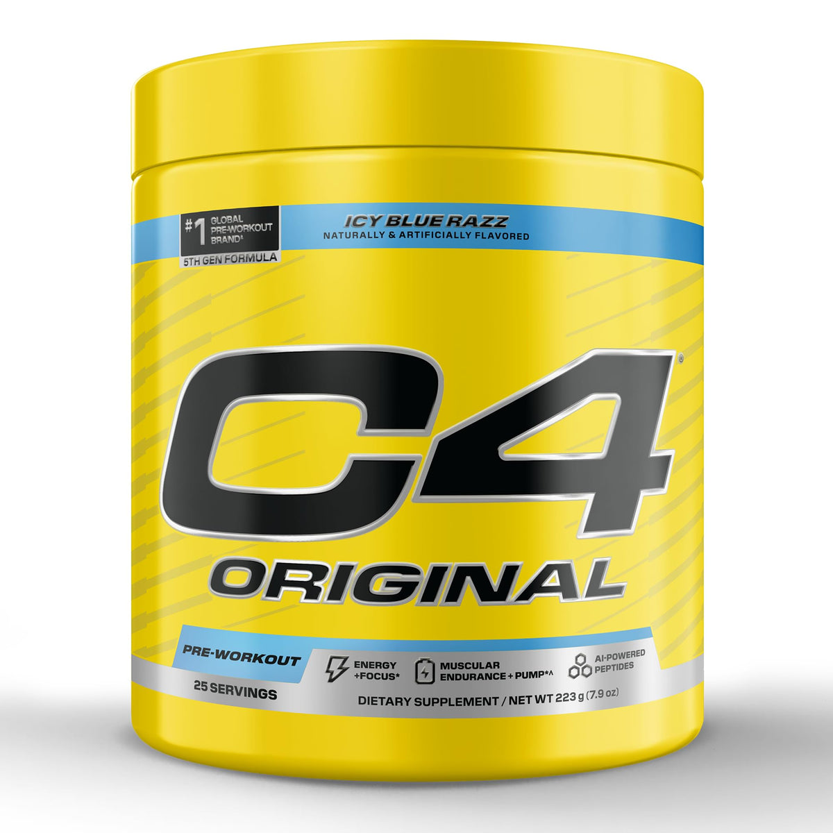 C4 Original icy blue razz bottle energizes workouts with improved focus.