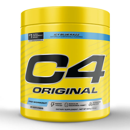 C4 Original icy blue razz bottle energizes workouts with improved focus.