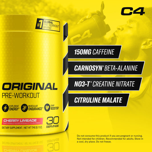 C4 Original pre-workout cherry limeade tub with easy scoop for quick prep