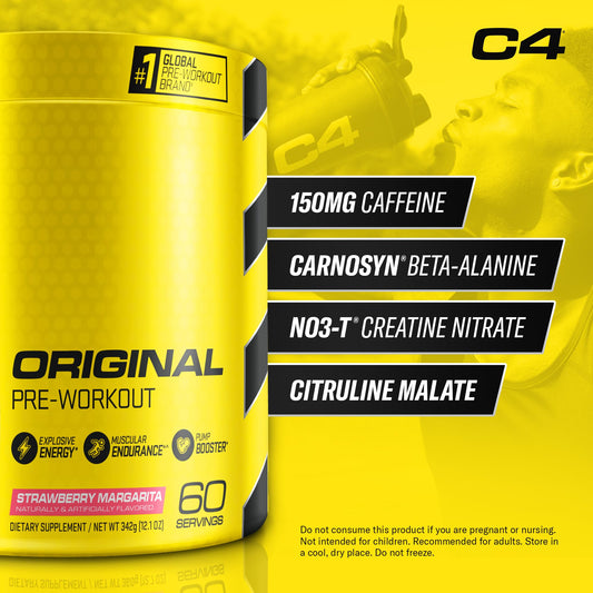 C4 Original powder with scoop highlights fine texture for quick mixing.