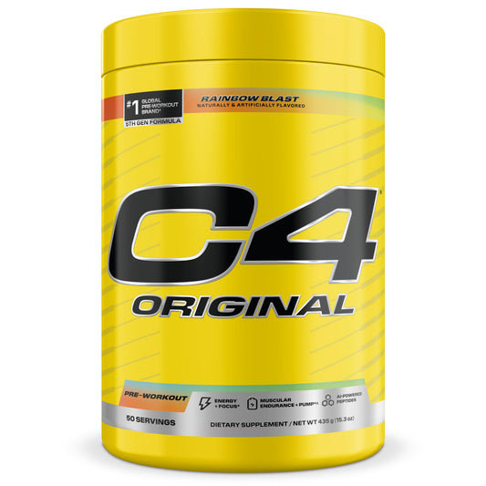 C4 Original Rainbow Blast bottle pour showing ready-to-mix energy for workouts.