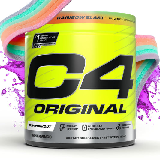 C4 Original Rainbow Blast powder tub shows bold flavor for an energizing pre-workout boost.