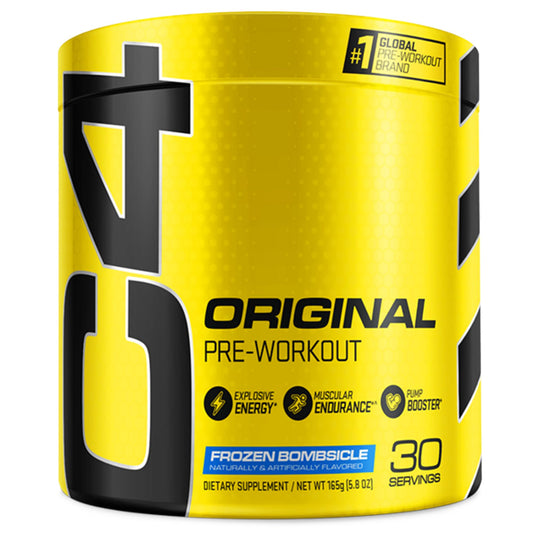 C4 Original pre-workout tub front view; energy-boosting formula for workouts.