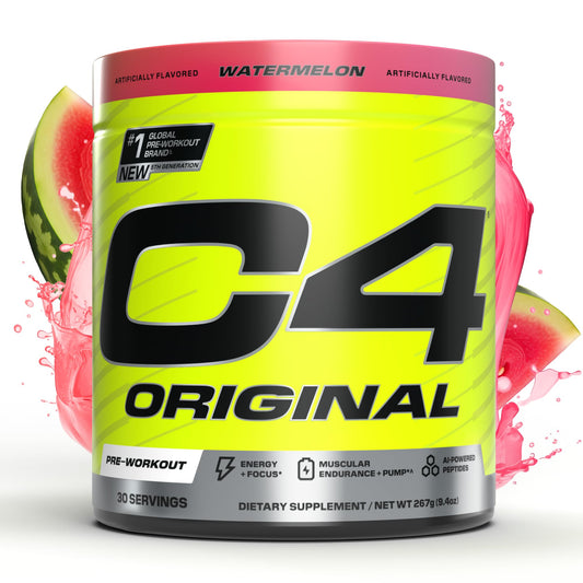 C4 Original Watermelon powder tub ready for a quick energy boost before training.