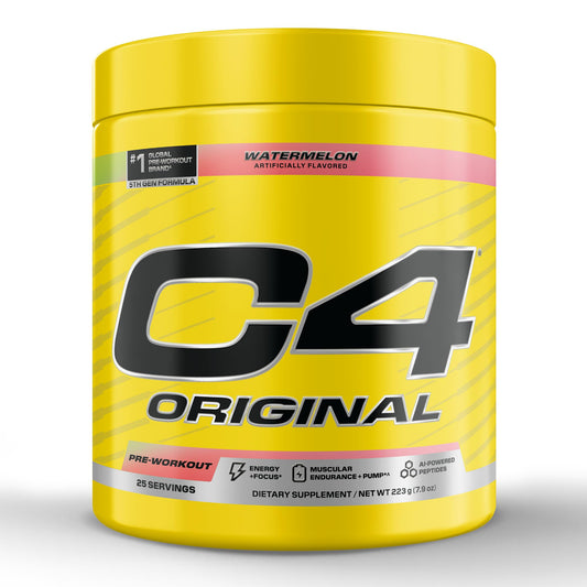 C4 Original watermelon pre-workout powder boosts energy for workouts.
