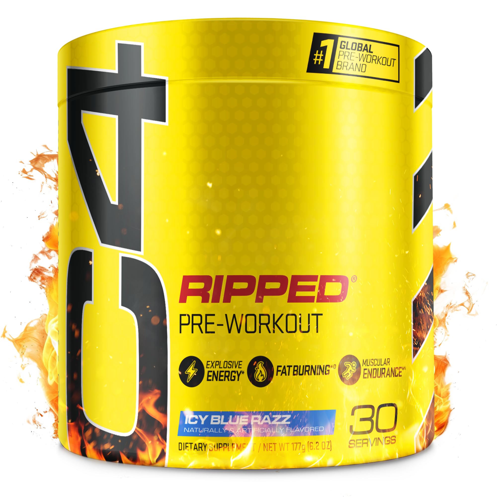 C4 Ripped bottle with Ice Blue Razz flavor for an energizing pre-workout boost.