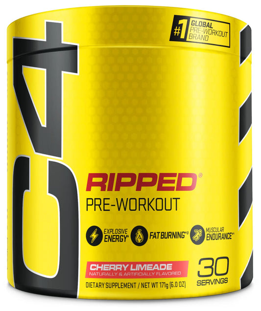 C4 Ripped cherry limeade tub front showing energy-boosting pre-workout powder