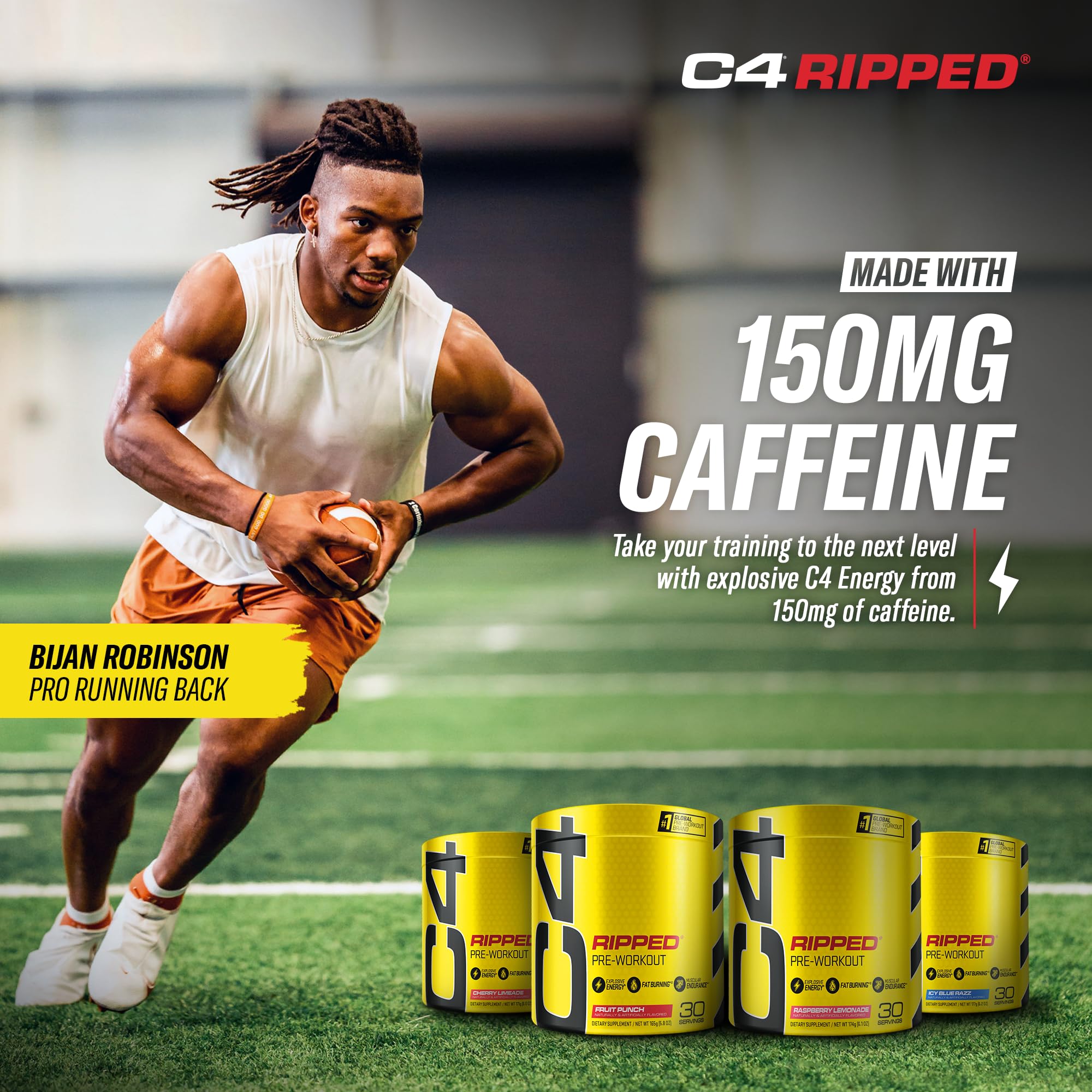 C4 Ripped 30-serving tub in Ice Blue Razz for flavor and quick energy.