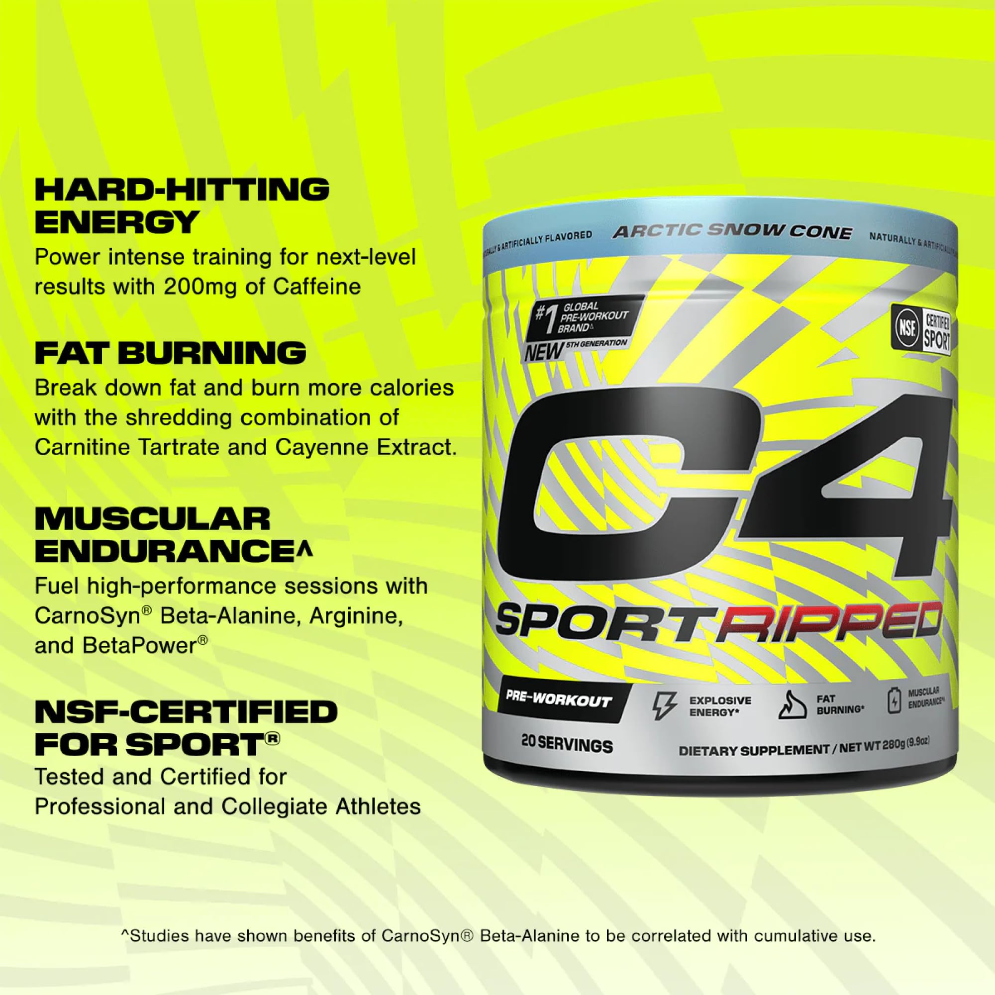 C4 Ripped Sport label closeup highlighting ingredients and NSF certification for athletes.