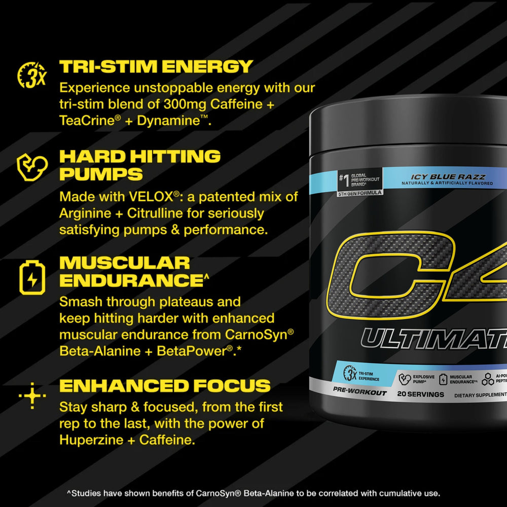 C4 Ultimate Icy Blue Raspberry tub front highlights premium pre-workout formula