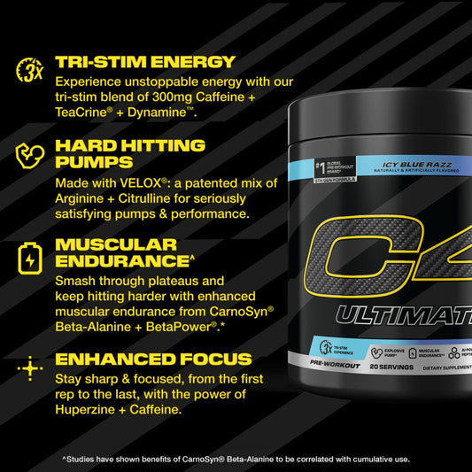 C4 Ultimate Icy Blue Raspberry tub front highlights premium pre-workout formula