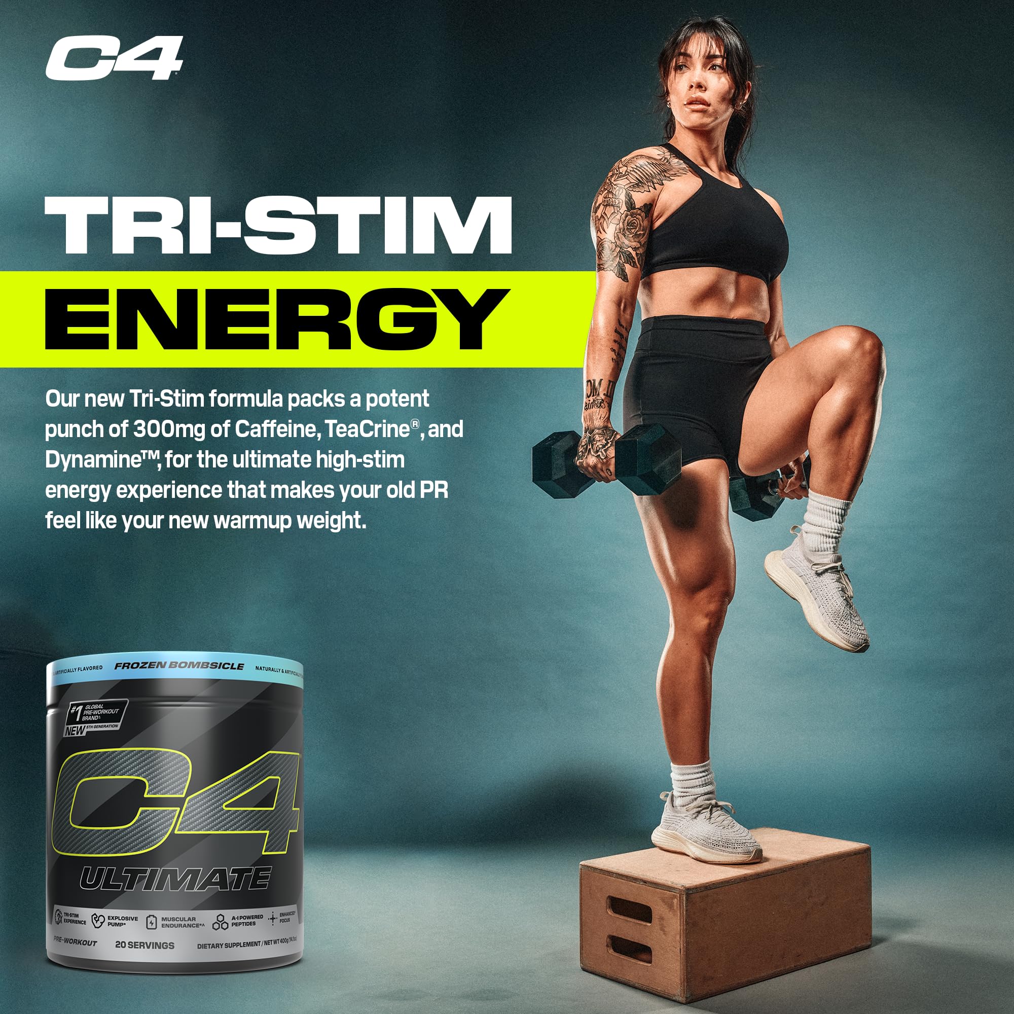 C4 Ultimate icy blue razz scoop delivers sugar-free energy before training.