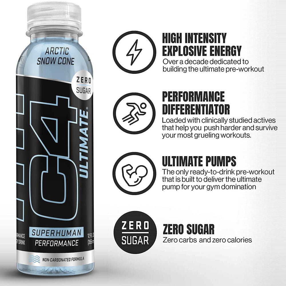 Close-up of C4 Ultimate label showcasing 300 mg caffeine and intensity.