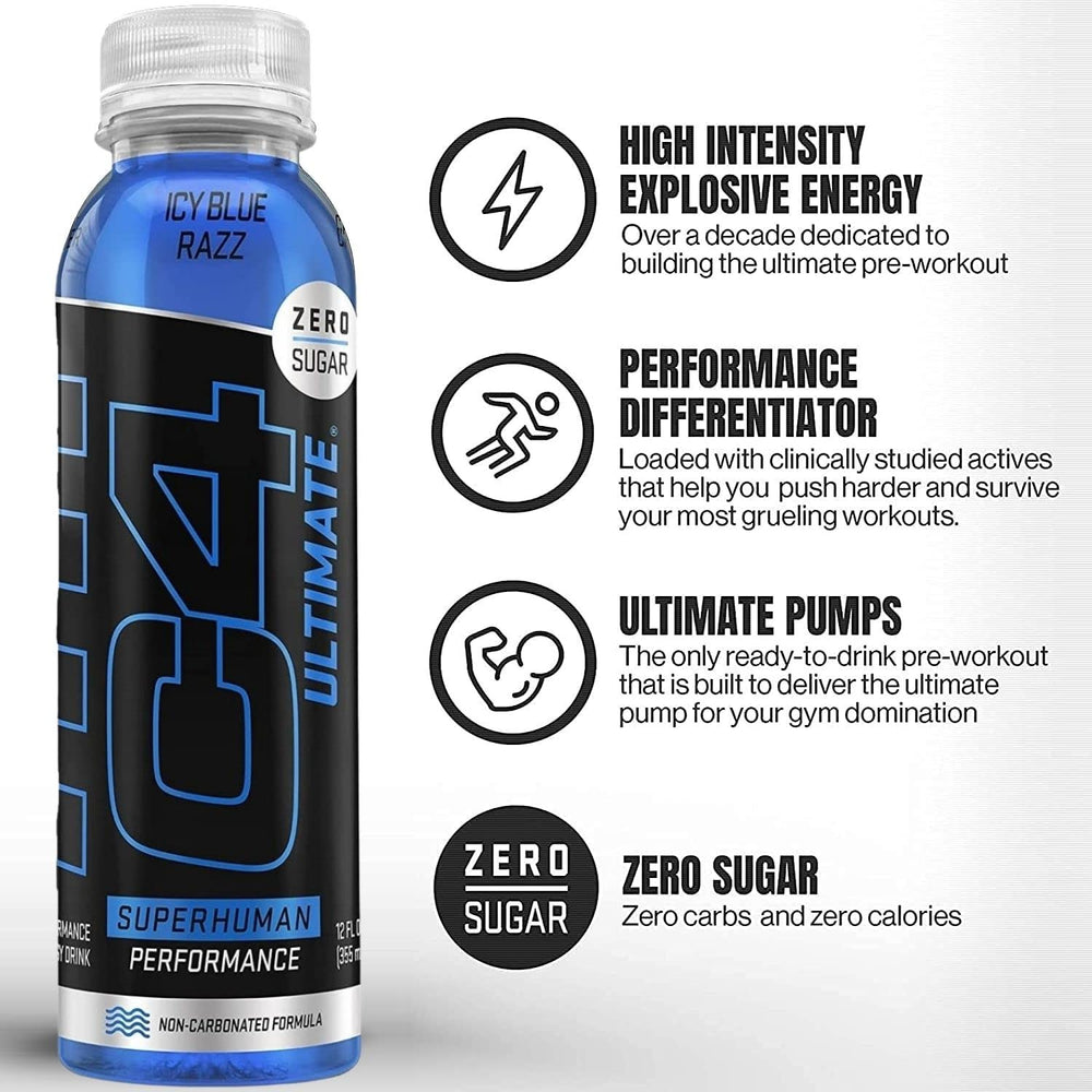 Close-up of C4 Ultimate non-carbonated bottle label highlighting zero sugar and zero calories.